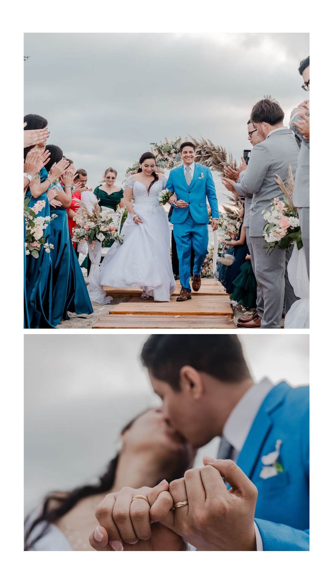 Familiares acompañando la entrada de los novios y un momento cercano entre Freddy y Kattya durante la ceremonia.