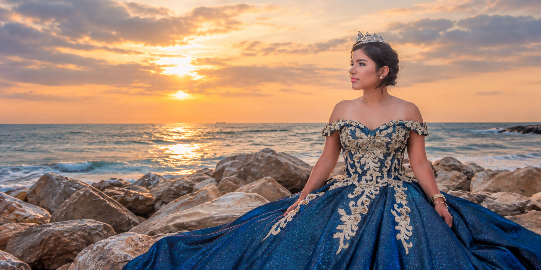 Dominique luciendo su vestido azul y dorado de quinceañera frente al mar durante una sesión de fotos al atardecer en Playas, Ecuador.