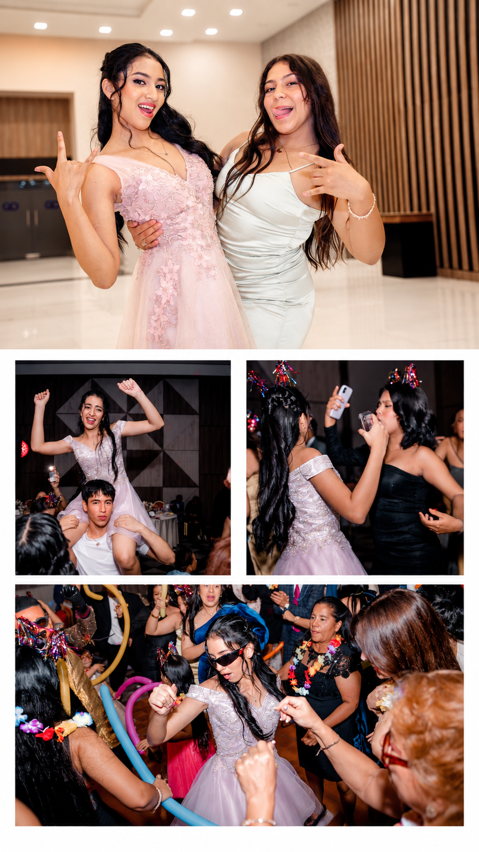 Collage de momentos de Mirelly compartiendo con familiares y amigos durante su fiesta de quince años.