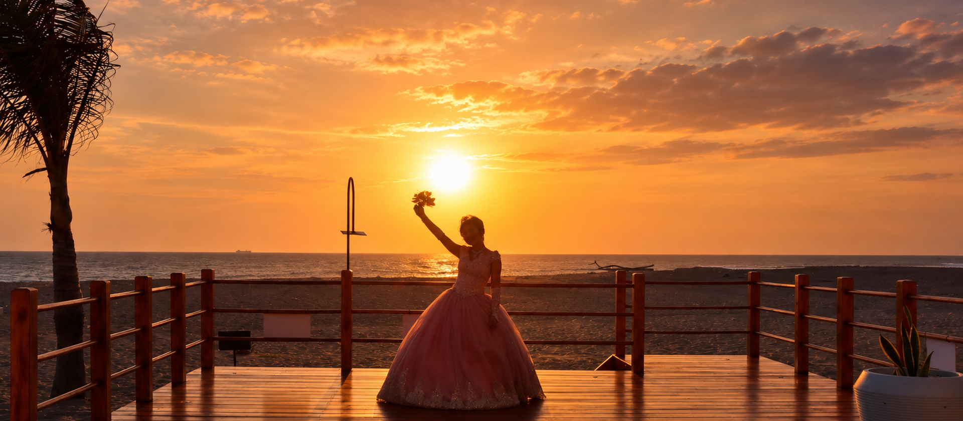 Antonella luciendo su vestido de quinceañera frente al mar durante una sesión de fotos al atardecer en Playas, Ecuador.