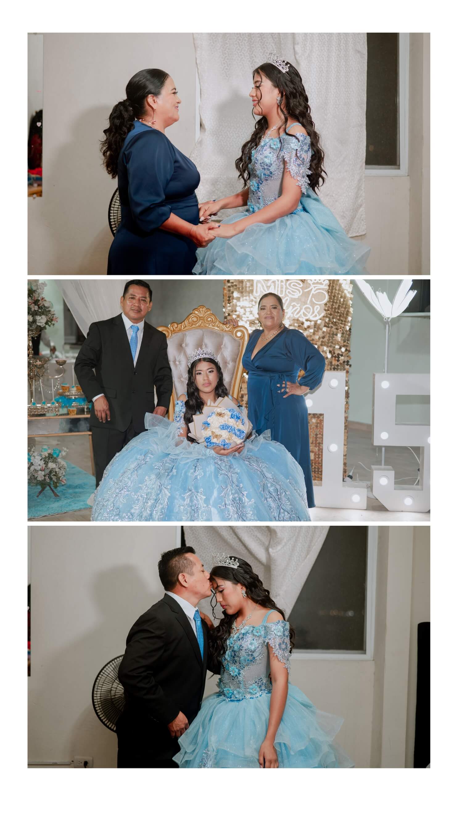 Una joven con un vestido azul brillante y confeti