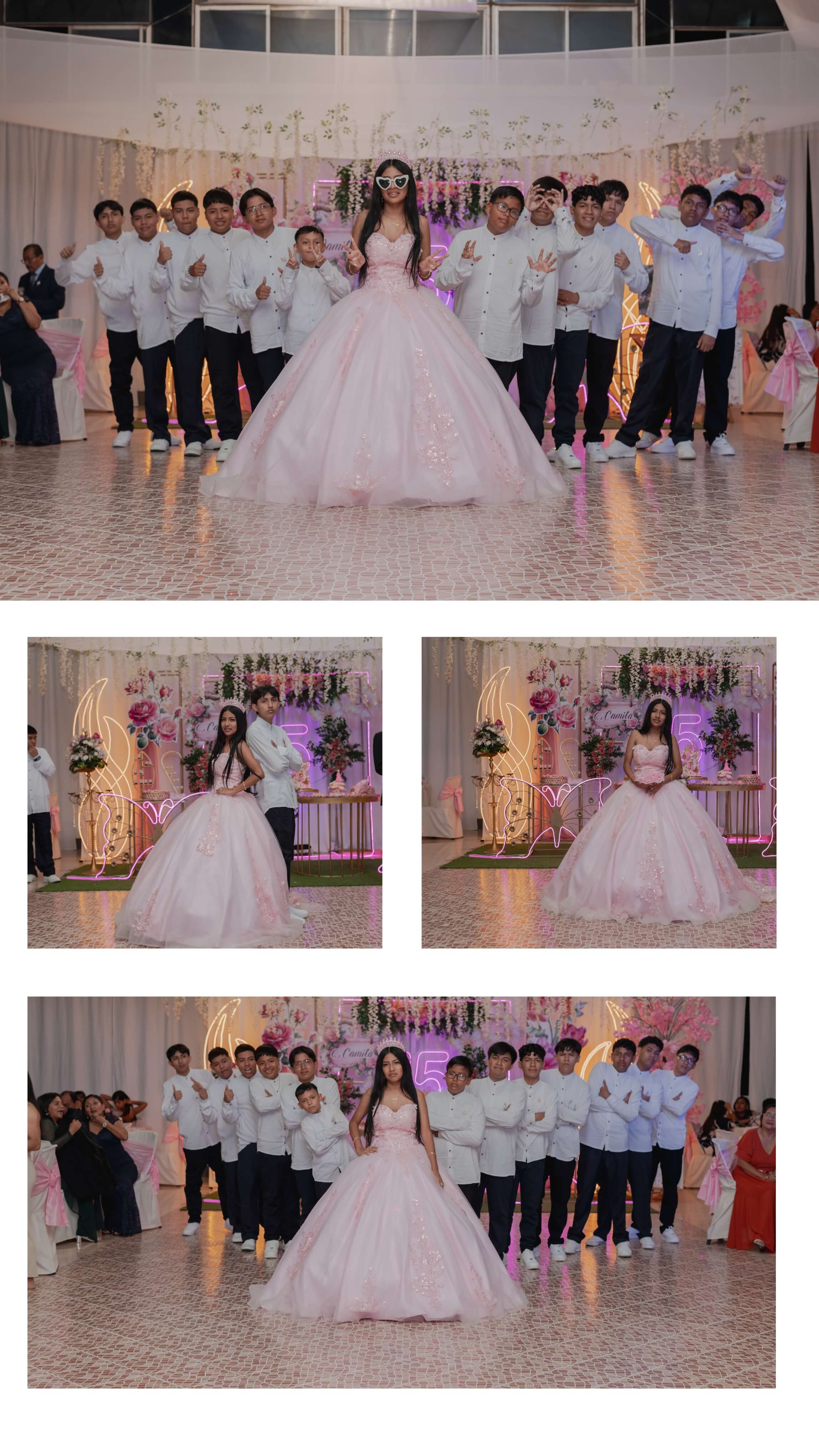Collage de fotos de Camila luciendo su vestido de quince años en diferentes ángulos dentro del salón de eventos.