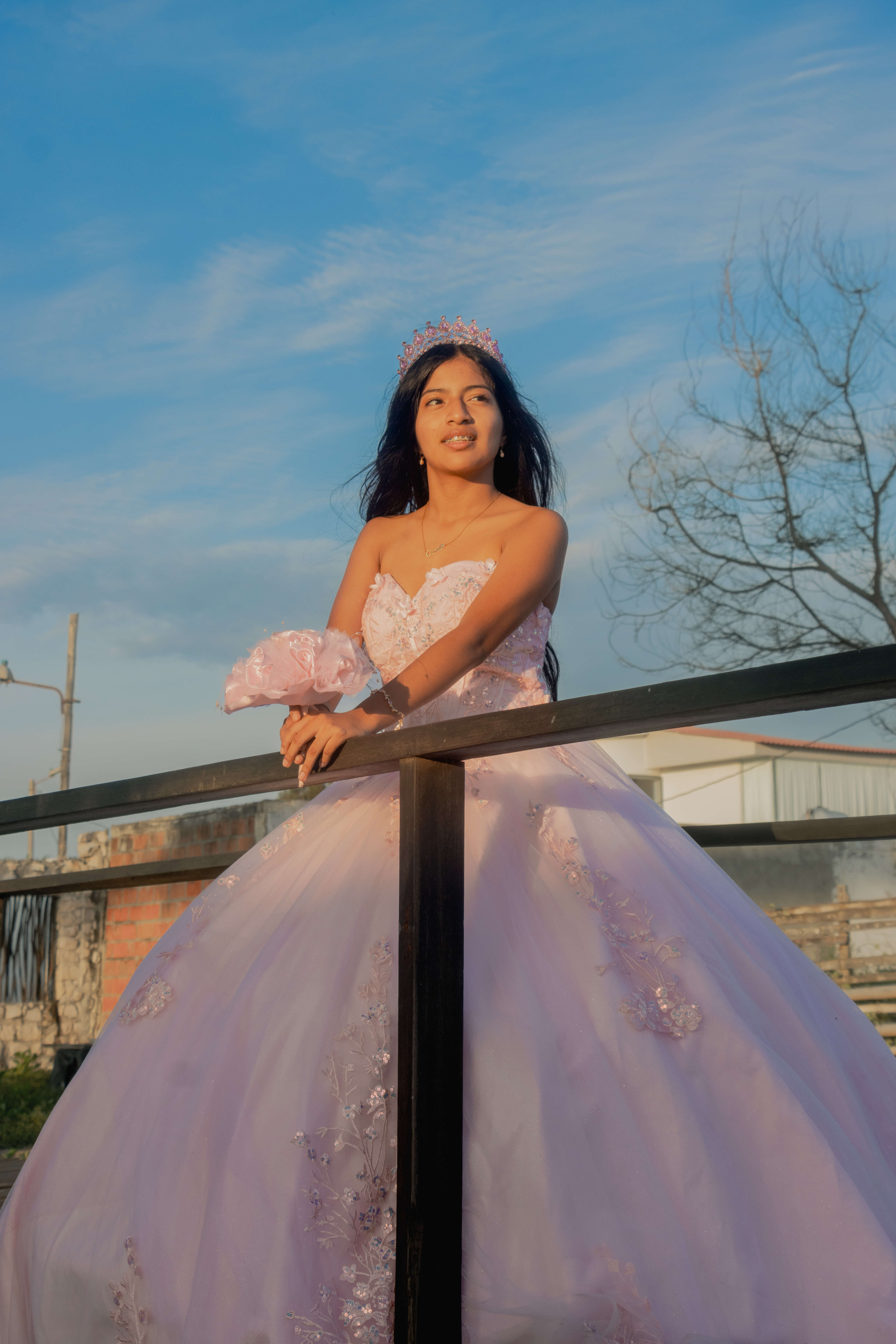 Camila posando con su corona y vestido rosa de quinceañera mirando al cielo azul desde una baranda de madera.