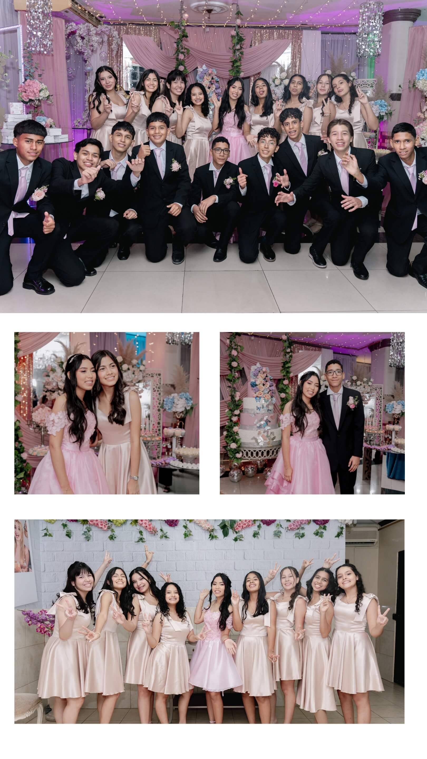 Captura de pantalla de un collage dinámico con amigos y familiares celebrando en la fiesta de quince años.