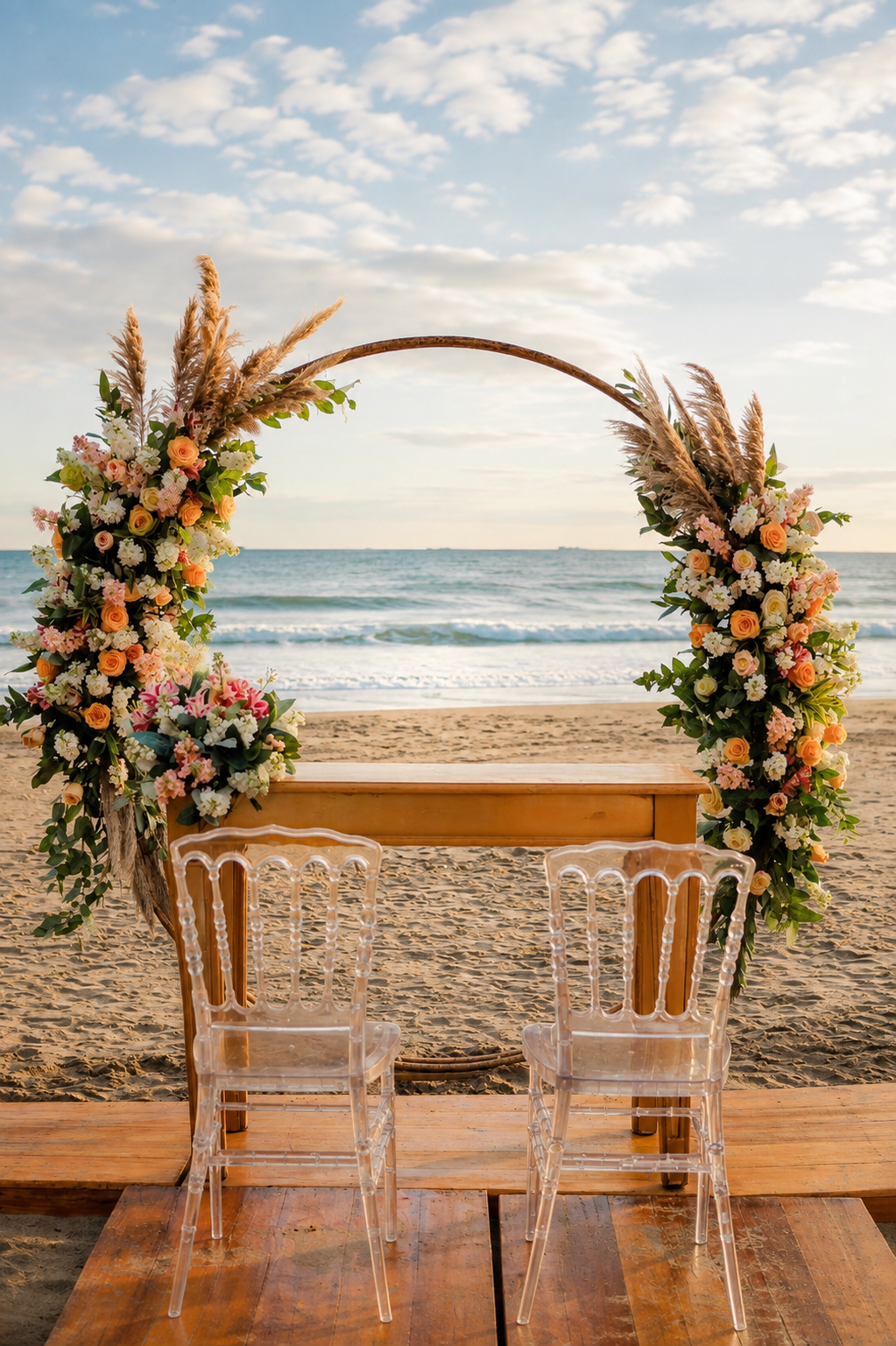 Arco floral de una boda frente al mar en Playas, Ecuador
