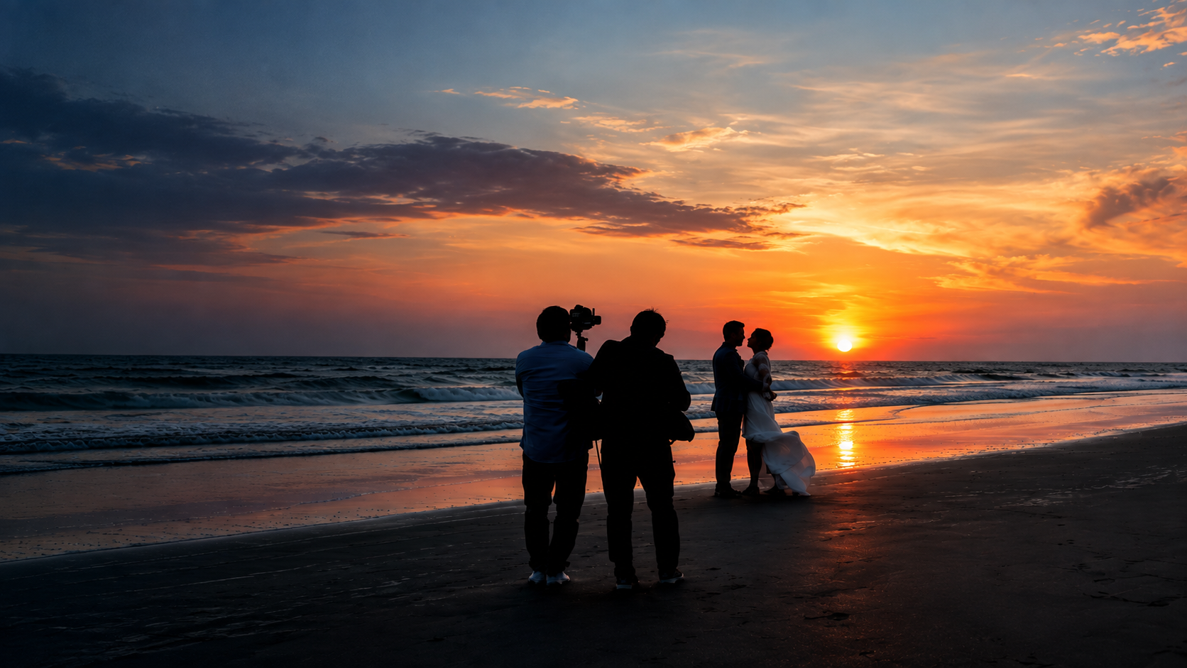 Equipo de Ola Digital Playas realizando una sesión audiovisual al atardecer en la costa de Playas, Ecuador