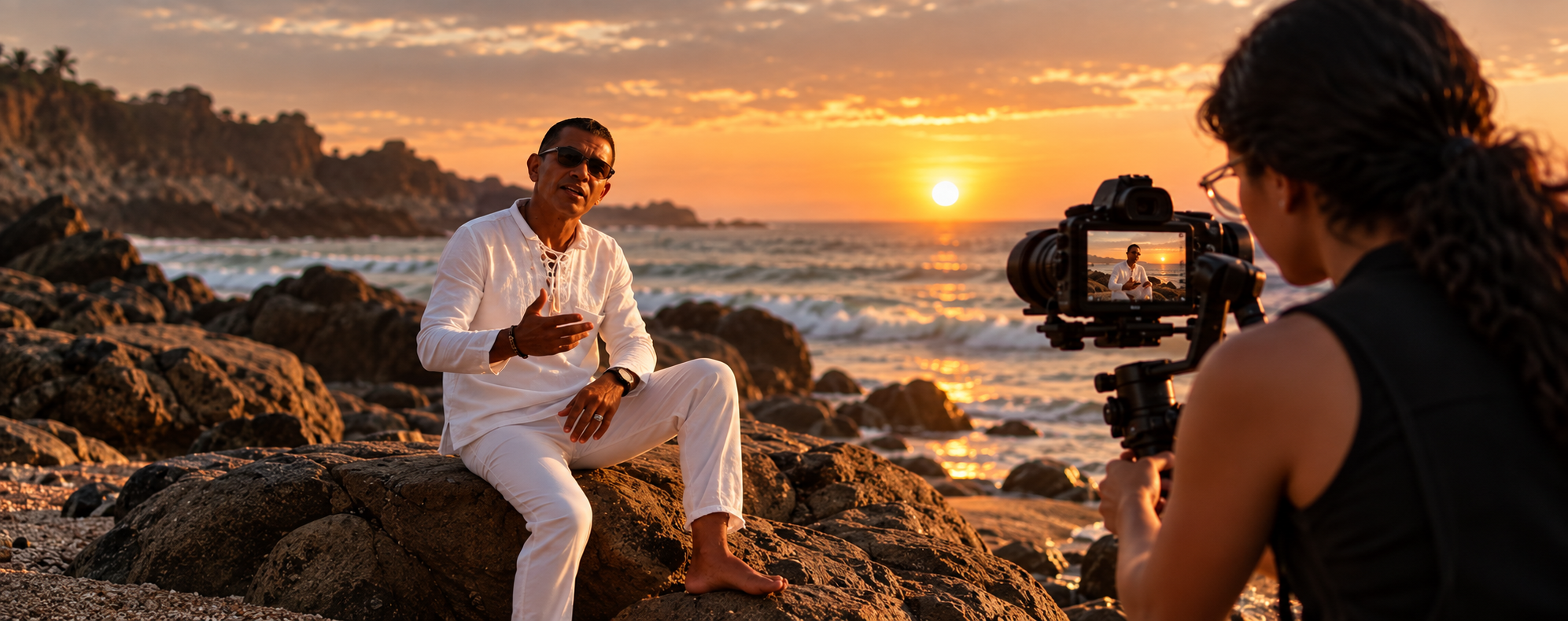 Producción de videos musicales con artista y equipo de grabación en la playa